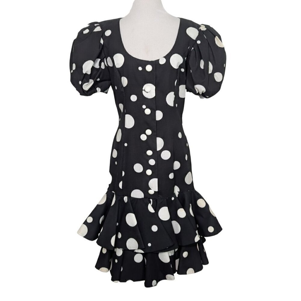 Vintage 80s Victor Costa Dress Womens Size 8 Black Polka Dot Puff Sleeve Party